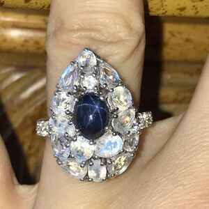 Natural Star Sapphire Rainbow Moonstone Sterling Silver Ring Size 7